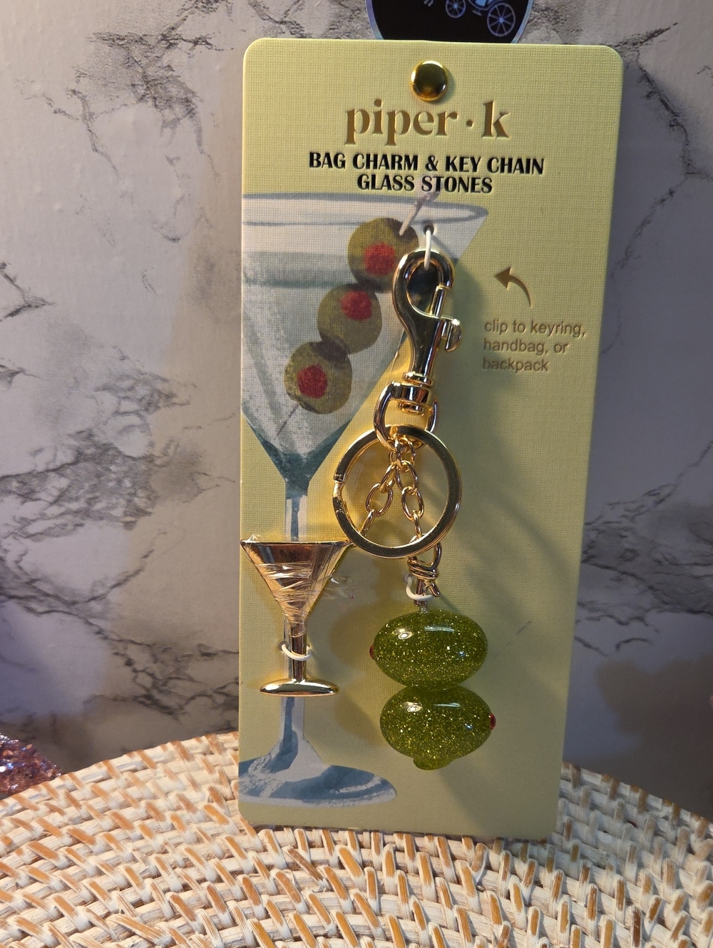 Piper Gold-Tone Martini Charm with Green Glitter Glass Stones Key Chain